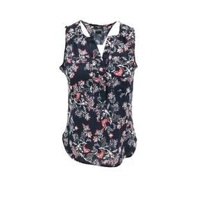 Ann Taylor Women's Floral Print Sleeveless 1/4 Button Up Blouse Sz XSP Navy Blue